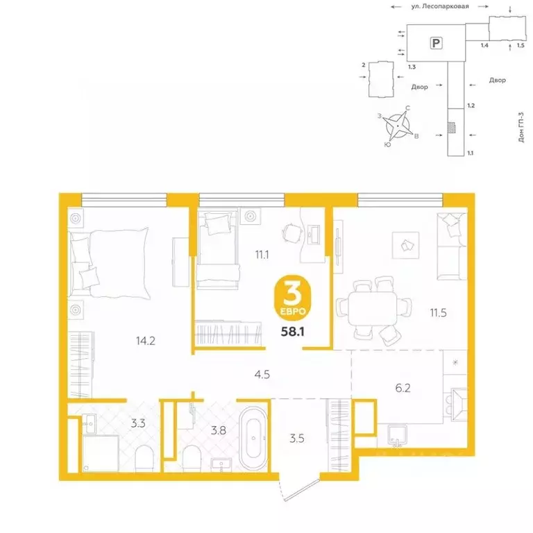 3-к кв. Тюменская область, Тюмень ул. Лесопарковая, 22 (58.1 м) - Фото 1