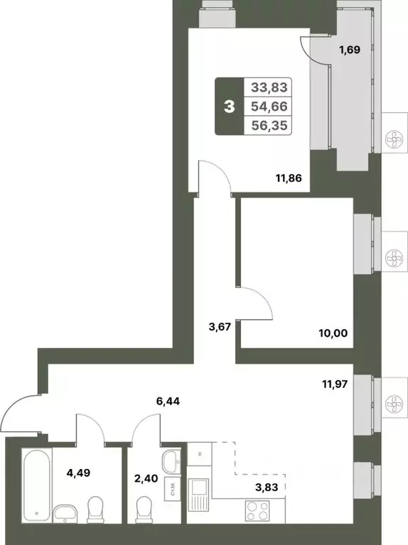 3-к кв. Башкортостан, Уфимский район, с. Миловка  (56.35 м) - Фото 0