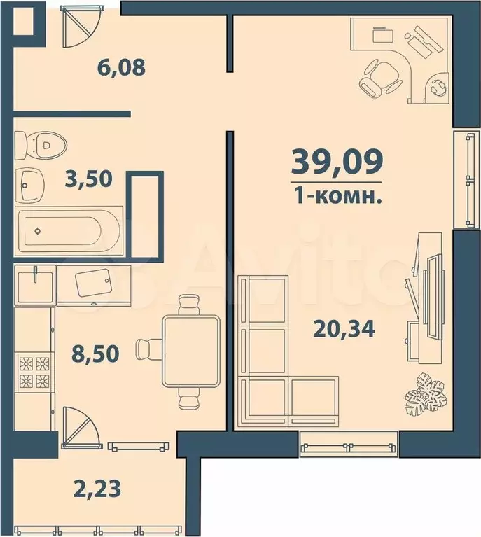 1-к. квартира, 39,1 м, 5/7 эт. - Фото 1