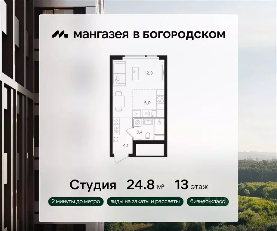 Студия Москва Мангазея в Богородском жилой комплекс (24.8 м) - Фото 0