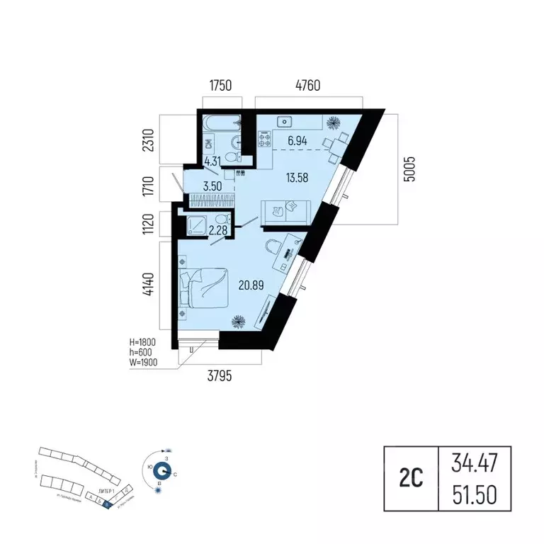2-к кв. Башкортостан, Уфа Глумилино-1 мкр, Новатор жилой комплекс ... - Фото 1