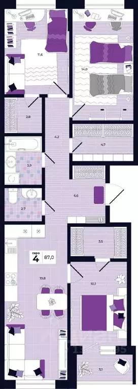 4-к кв. Тульская область, Тула Юго-Восточный мкр,  (87.0 м) - Фото 1