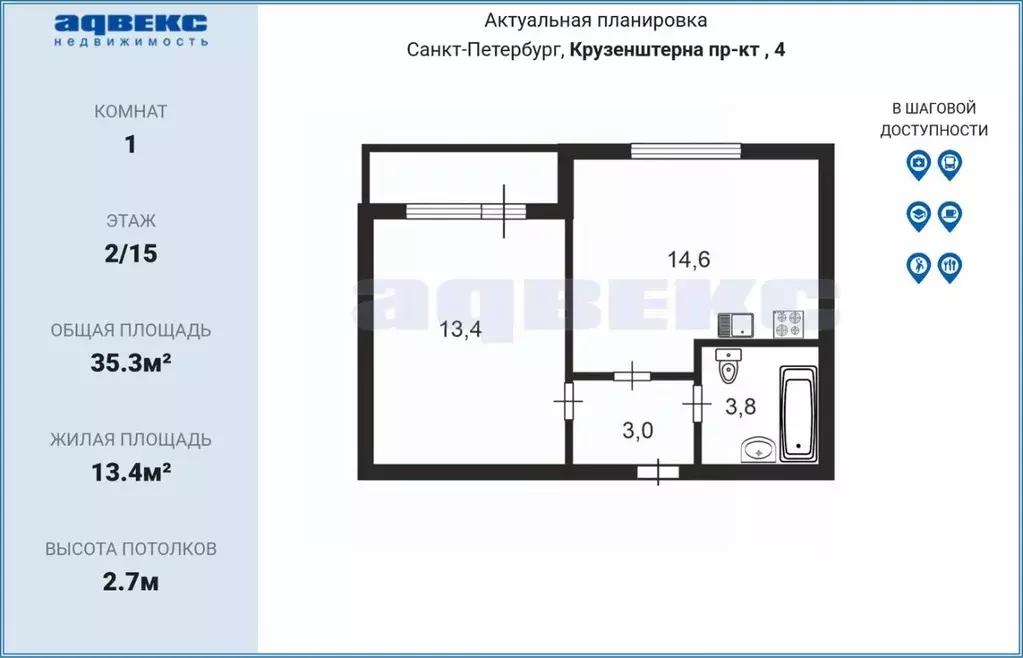 1-к кв. Санкт-Петербург просп. Крузенштерна, 4с1 (35.3 м) - Фото 2