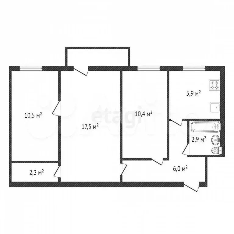 3-к. квартира, 55,4 м, 2/3 эт. - Фото 0
