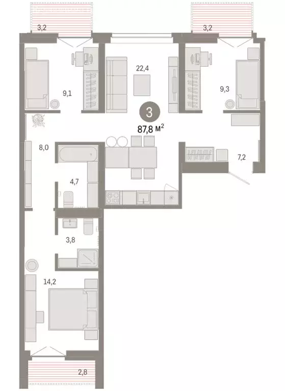 3-комнатная квартира: Тюмень, жилой комплекс Республики 205 (87.82 м) - Фото 1