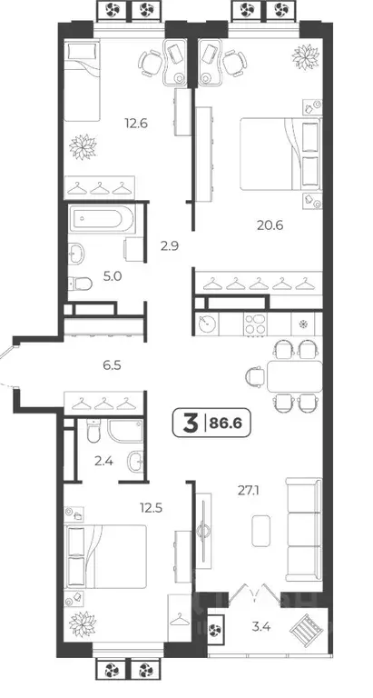 3-к кв. Тюменская область, Тюмень  (90.92 м) - Фото 0