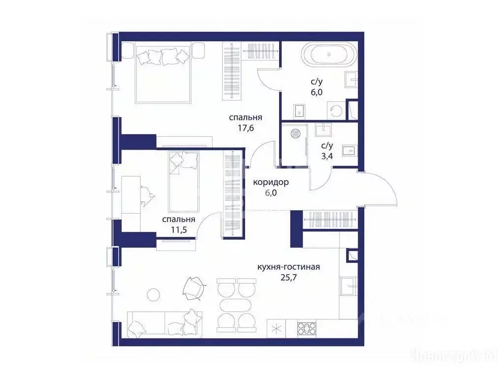 2-к кв. Москва ул. Василия Ланового, 6к3 (69.9 м) - Фото 1
