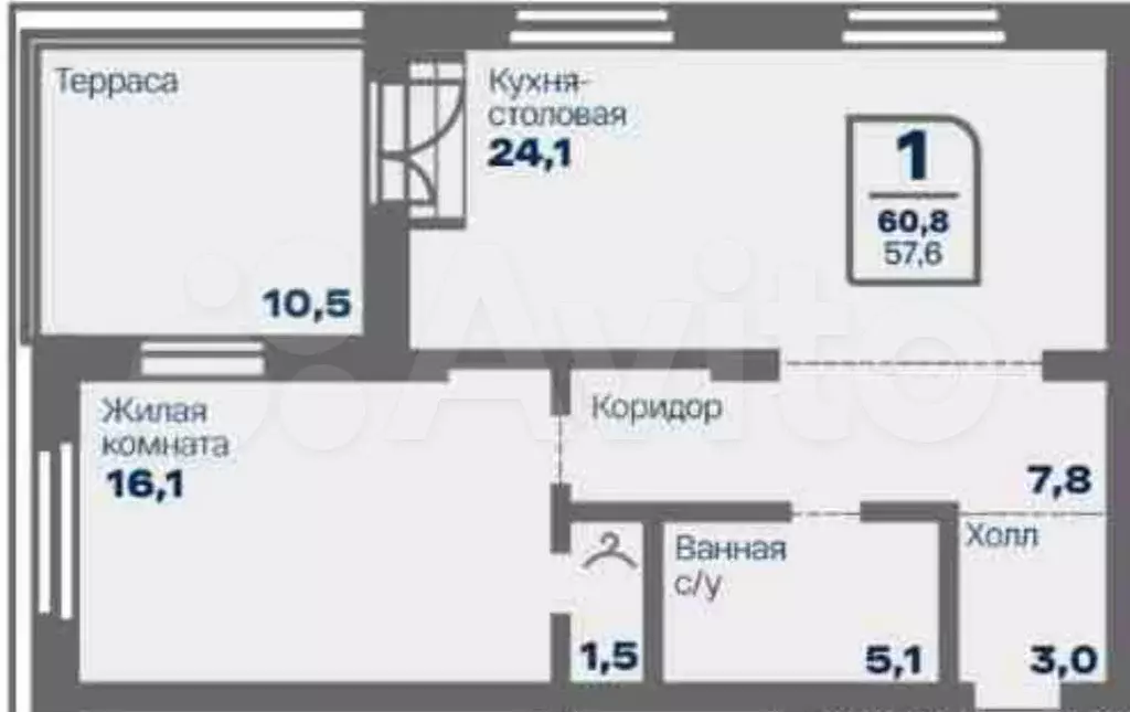 1-к. квартира, 60,8 м, 3/5 эт. - Фото 0