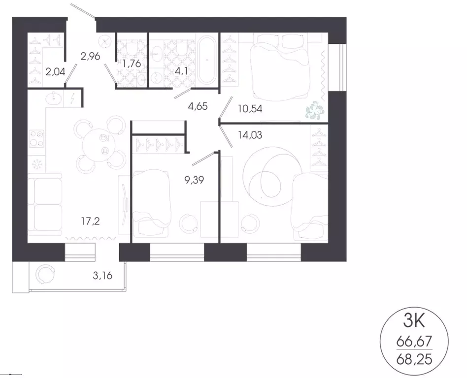 Квартира, 3 комнаты, 68.25 м - Фото 1