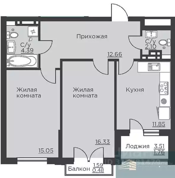 2-к кв. Воронежская область, Воронеж ул. Ломоносова, 116Б (64.6 м) - Фото 0