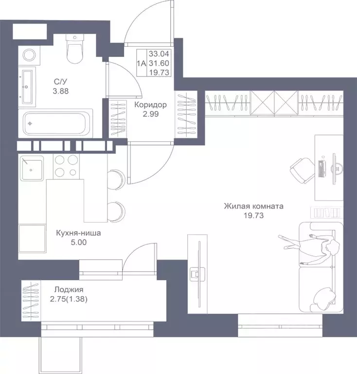 Студия Татарстан, Казань Мой Ритм жилой комплекс, ПК1-2 (33.04 м) - Фото 1