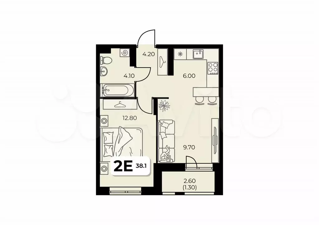 2-к. квартира, 38,1 м, 4/8 эт. - Фото 0