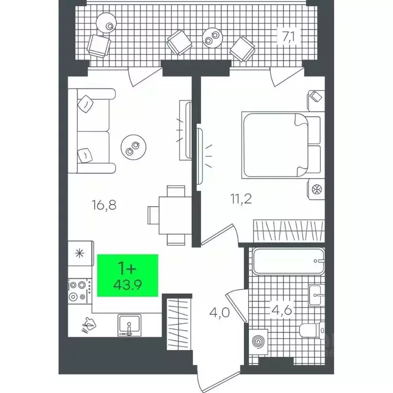 1-к кв. Тюменская область, Тюмень ул. Василия Малкова, 19 (43.91 м) - Фото 0