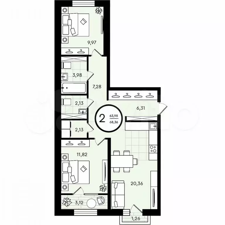 2-к. квартира, 68,4 м, 1/4 эт. - Фото 0