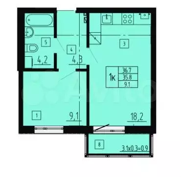 1-к. квартира, 36,7 м, 4/8 эт. - Фото 1