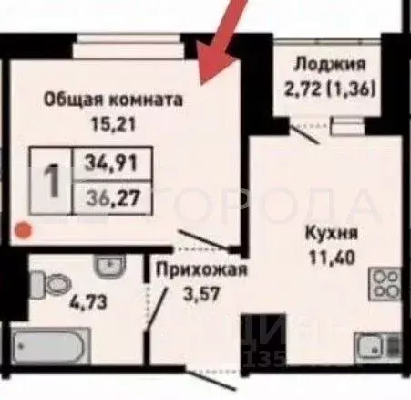 1-к кв. Алтайский край, Барнаул ул. 65 лет Победы, 23 (34.91 м) - Фото 2