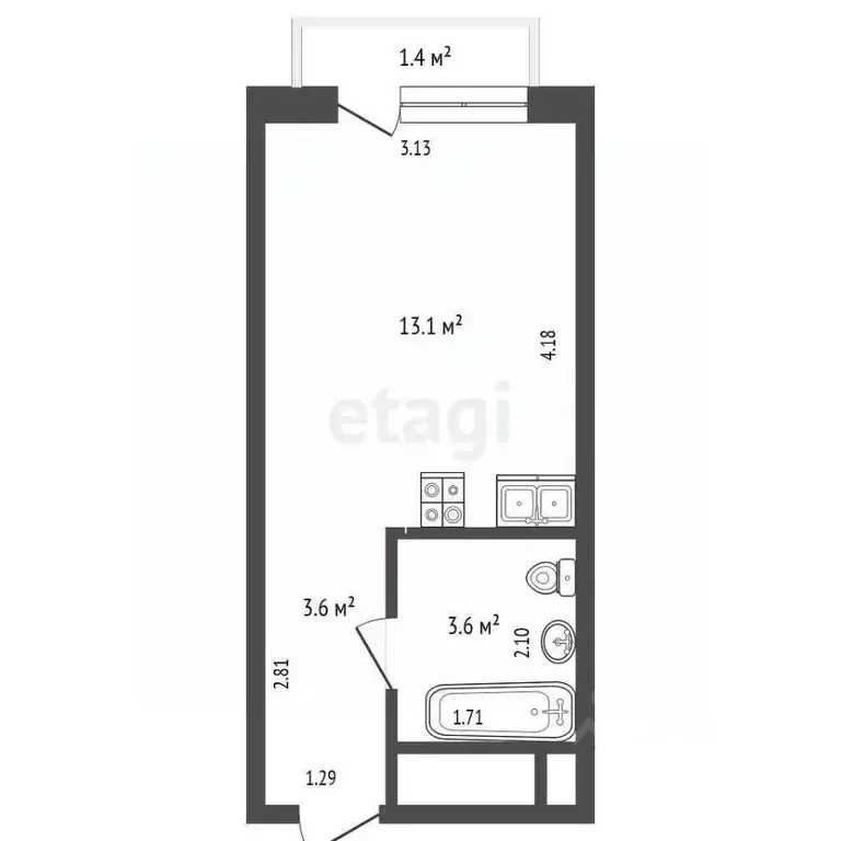 Студия Тюменская область, Тюмень ул. Андрея Приказнова, 7 (25.0 м) - Фото 1