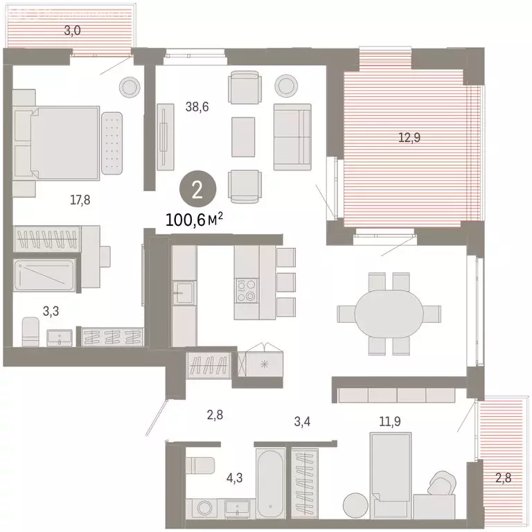 2-комнатная квартира: Тюмень, улица Республики, 205к3 (100.58 м) - Фото 2