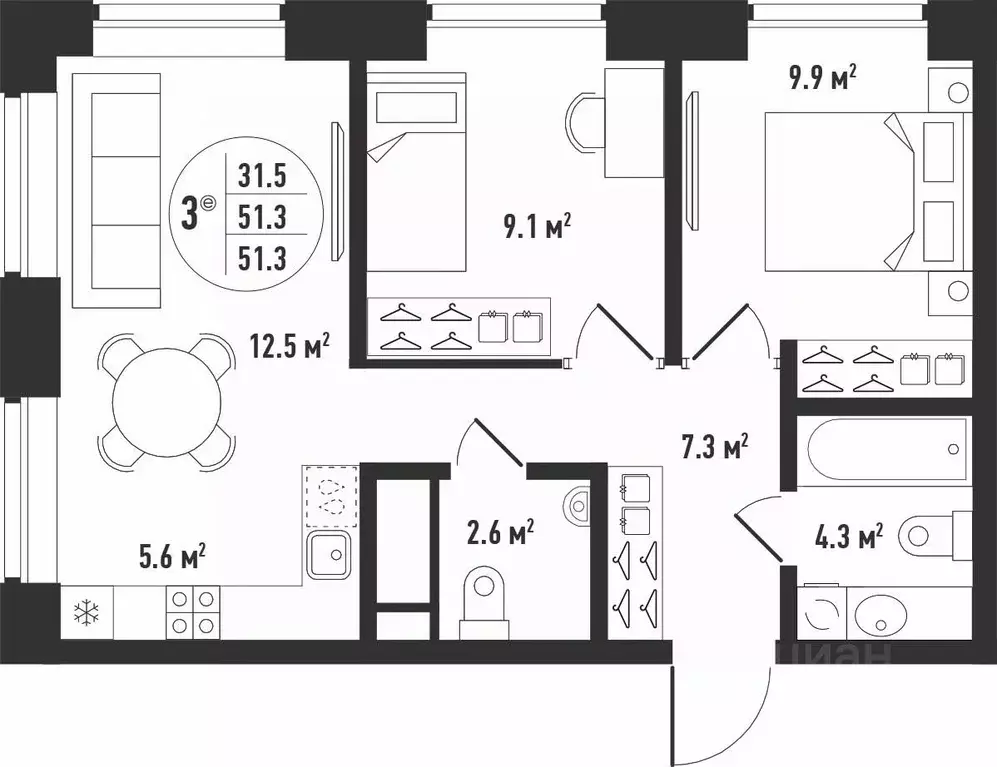 3-к кв. Астраханская область, Астрахань Августовская ул. (51.3 м) - Фото 2
