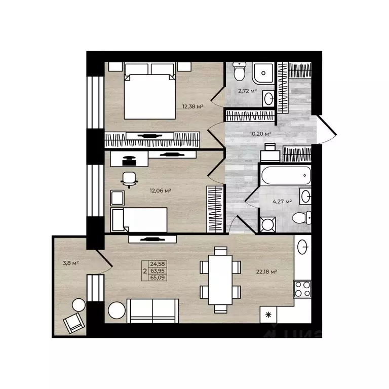 2-к кв. Ярославская область, Ярославль Тормозное ш. (67.75 м) - Фото 1