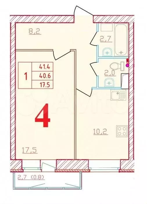 1-к. квартира, 41,4м, 2/9эт. - Фото 0