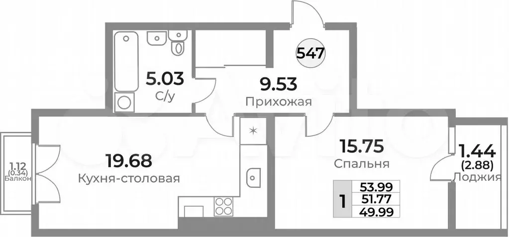 1-к. квартира, 54 м, 10/10 эт. - Фото 1