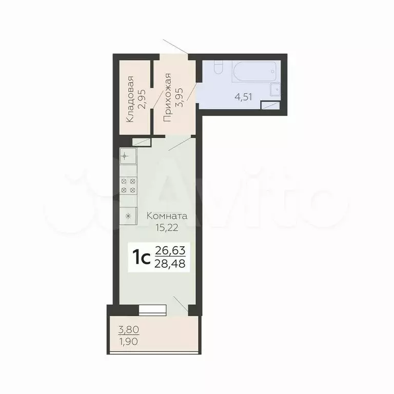 Квартира-студия, 28,5 м, 17/19 эт. - Фото 1