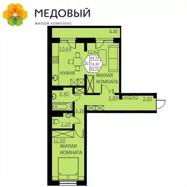 2-к кв. Пермский край, д. Кондратово ул. Г.Н. Нифантова, 4А (51.6 м) - Фото 0