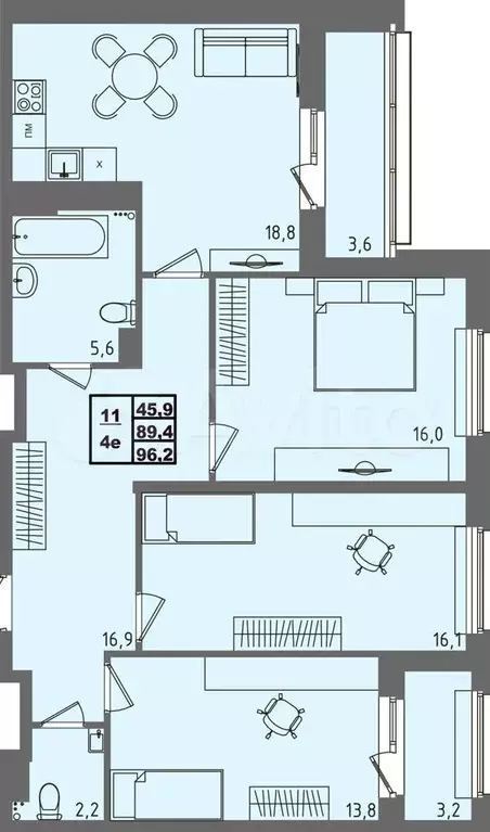 4-к. квартира, 96,2 м, 2/4 эт. - Фото 1