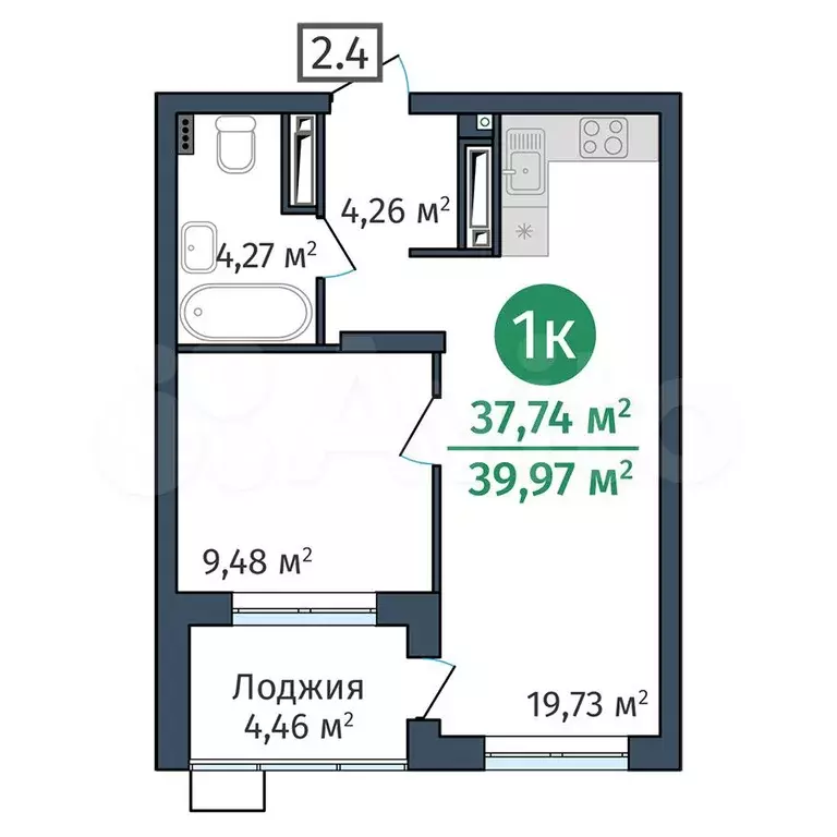 1-к. квартира, 37,7 м, 17/25 эт. - Фото 0