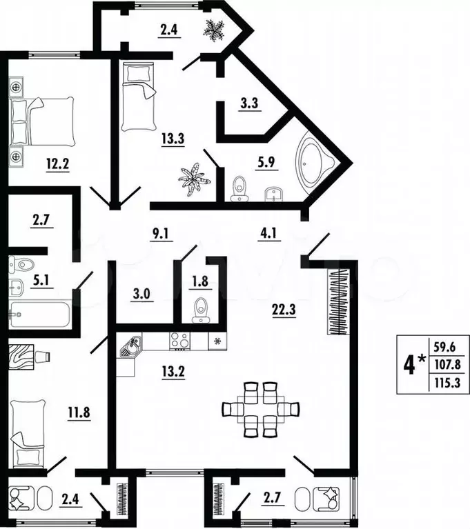 3-к. квартира, 115м, 5/23эт. - Фото 1