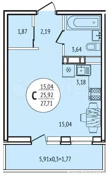 Квартира-студия, 30 м, 6/24 эт. - Фото 0