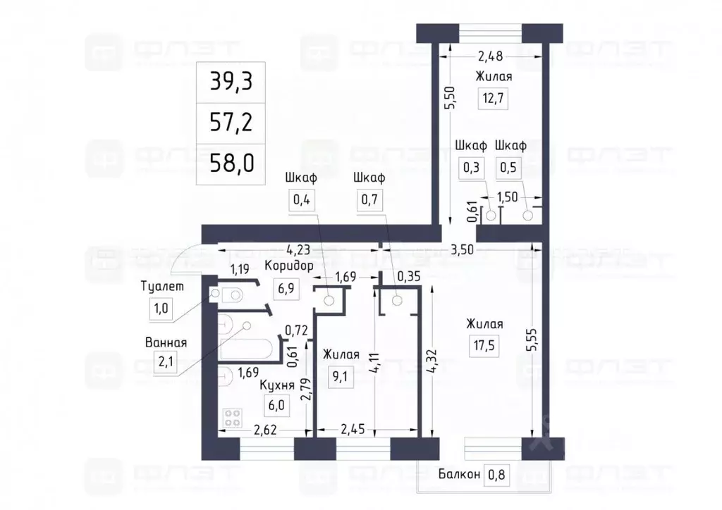 3-к кв. Татарстан, Казань ул. Космонавтов, 28 (58.0 м) - Фото 2
