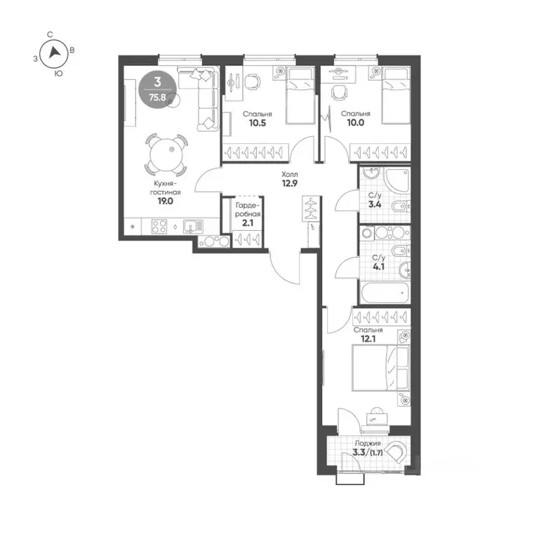 3-к кв. Омская область, Омск Зеленая река мкр,  (75.8 м) - Фото 2
