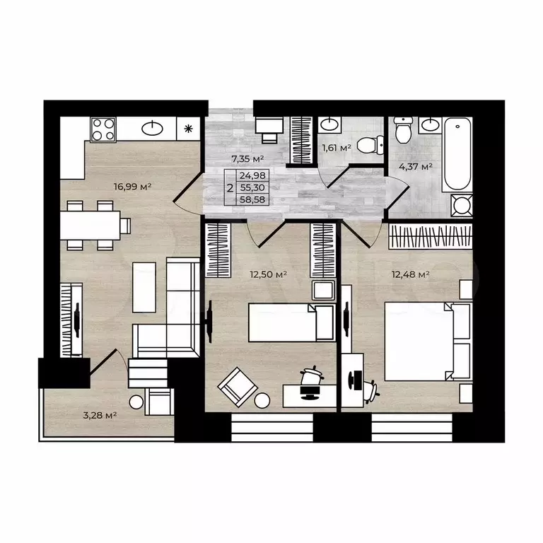 2-к. квартира, 58,6 м, 6/9 эт. - Фото 0