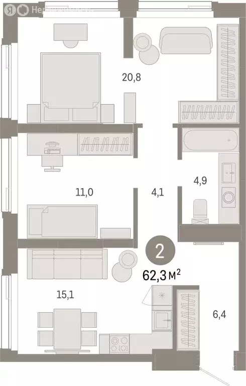 2-комнатная квартира: Тюмень, жилой комплекс Зарека (62.26 м) - Фото 1