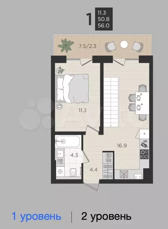 2-к. квартира, 51 м, 1/4 эт. - Фото 1