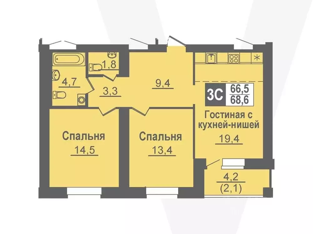 3-к кв. Новосибирская область, Кольцово рп, 5-й мкр  (68.6 м) - Фото 0