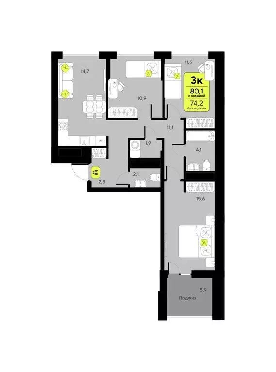 3-комнатная квартира: Тюмень, улица Андрея Приказнова, 7 (80.1 м) - Фото 1