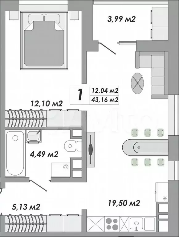 1-к. квартира, 43,2 м, 2/9 эт. - Фото 0