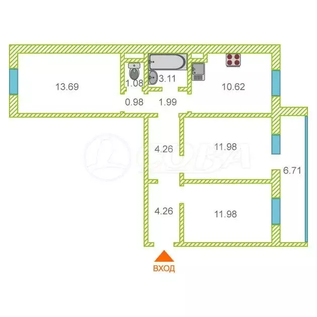 3-комнатная квартира: Тюмень, Алматинская улица, 12 (64.3 м) - Фото 1
