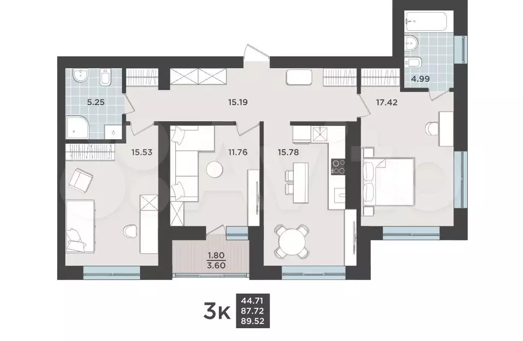 3-к. квартира, 89,6 м, 1/9 эт. - Фото 1