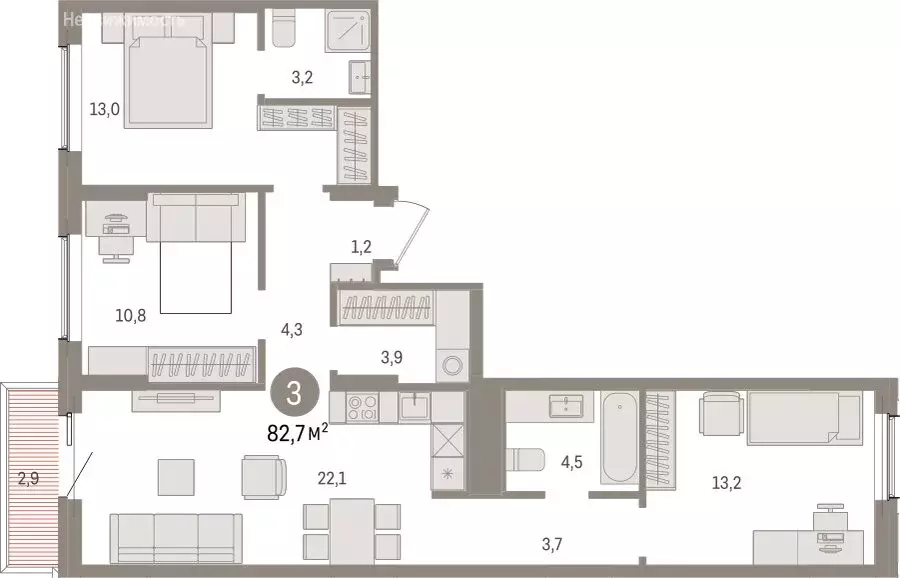 3-комнатная квартира: Курган, жилой район Центральный, ЖК Дом Кино ... - Фото 2