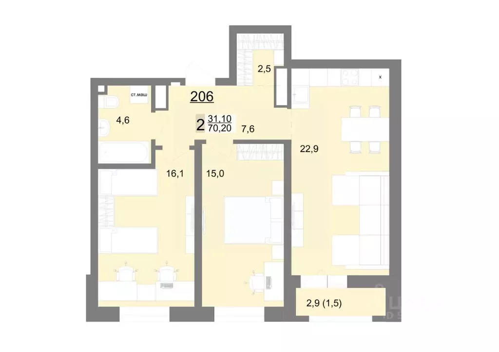 2-к кв. Свердловская область, Екатеринбург ул. Металлургов, 63/1 (70.2 ... - Фото 1