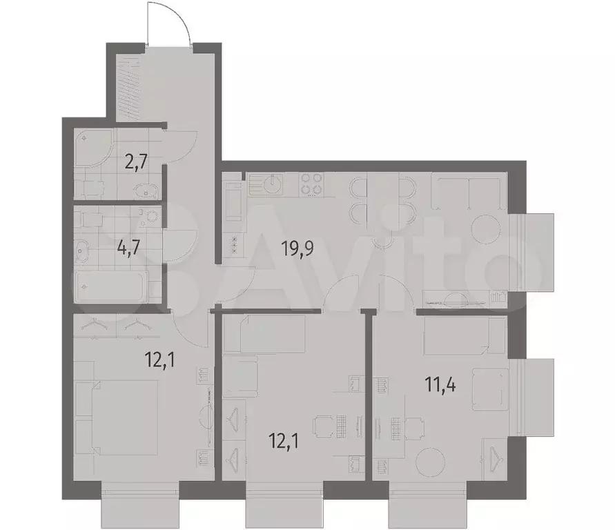 3-к. квартира, 71,4 м, 3/12 эт. - Фото 0