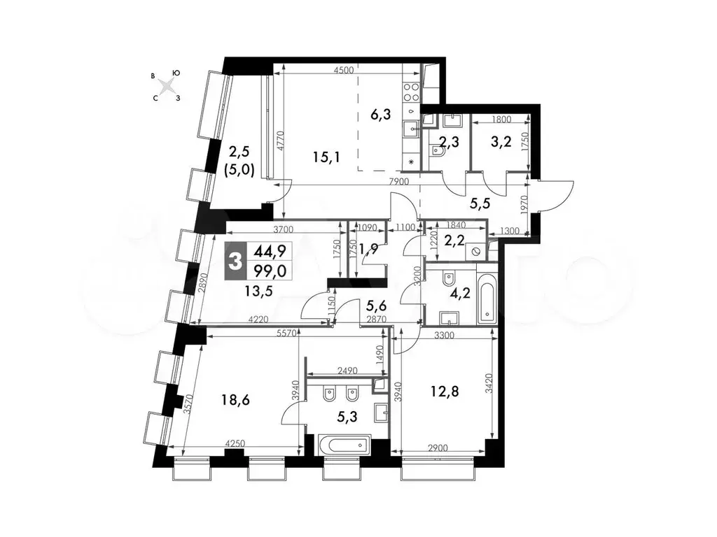 3-к. квартира, 99 м, 8/43 эт. - Фото 0