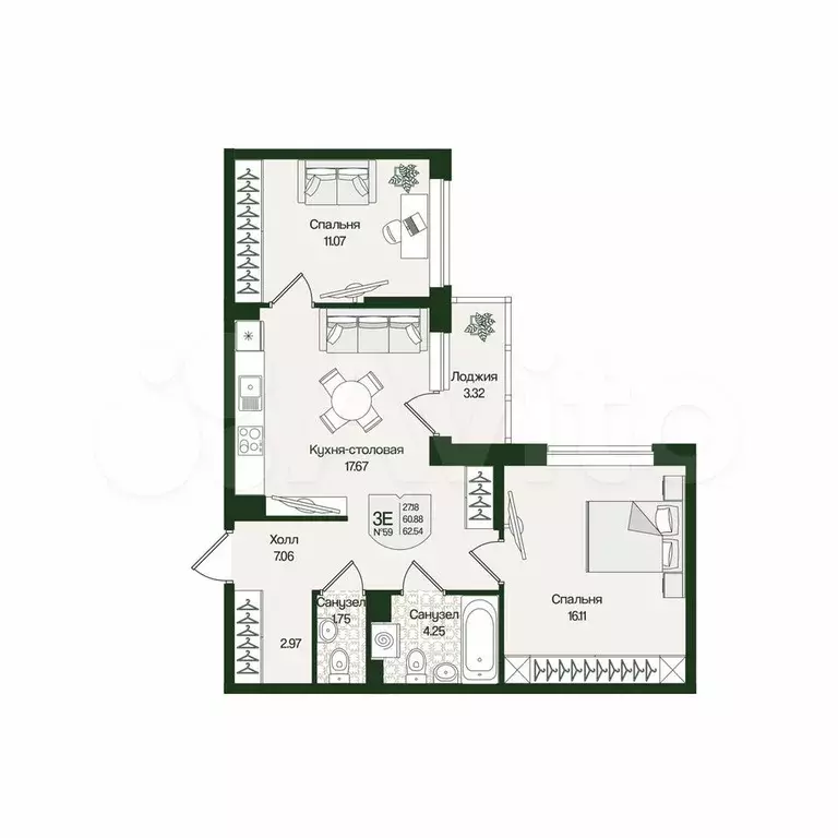 2-к. квартира, 62,5 м, 3/4 эт. - Фото 0