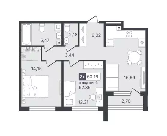 2-комнатная квартира: Тюмень, Ставропольская улица, 1 (60.16 м) - Фото 0