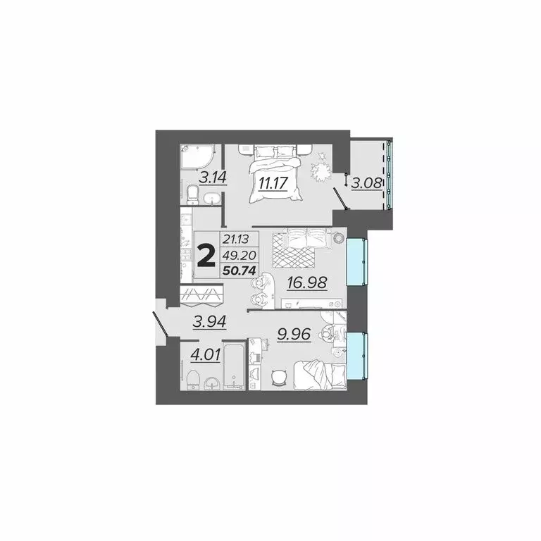 2-комнатная квартира: Брянск, ЖК Архитектор (50.74 м) - Фото 0