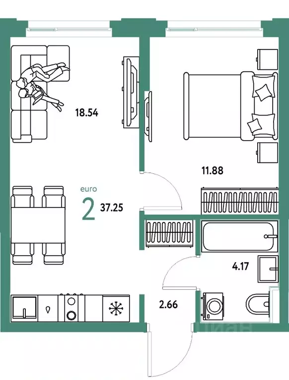 2-к кв. Тюменская область, Тюмень ул. 50 лет Октября, 61к1 (37.25 м) - Фото 1